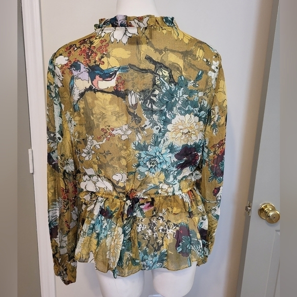 Hemant & Nandita Keystone Silk Blouse Sheer Floral Print Feminine Peplum(L) - Picture 7 of 14